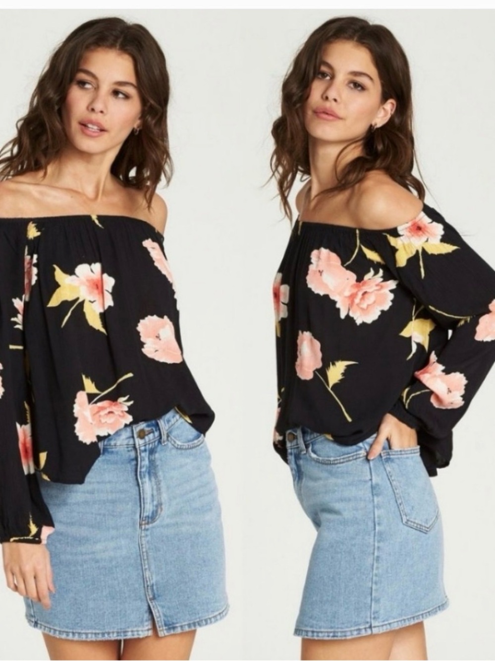 Billabong Off-Shoulder Black Floral Blouse with Pink Flowers